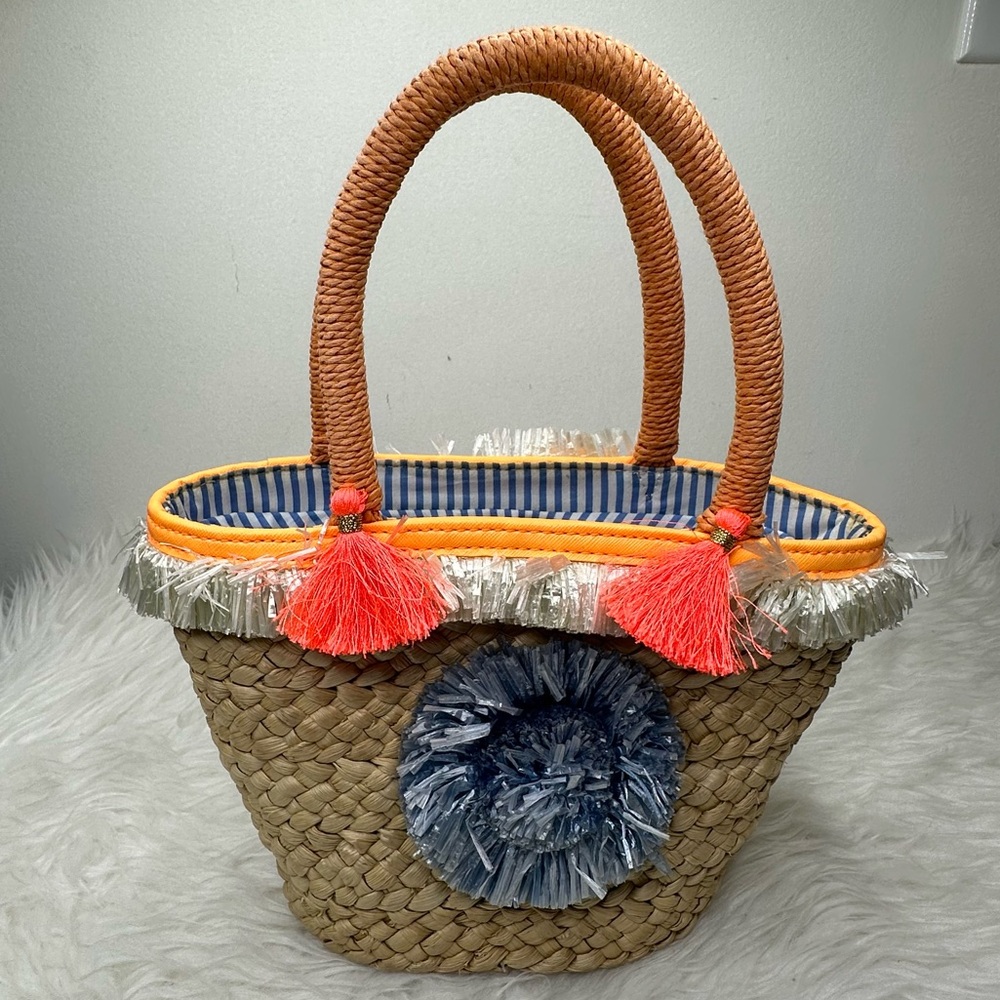 MILLY Pom-Pom Small Straw Tote Bag
